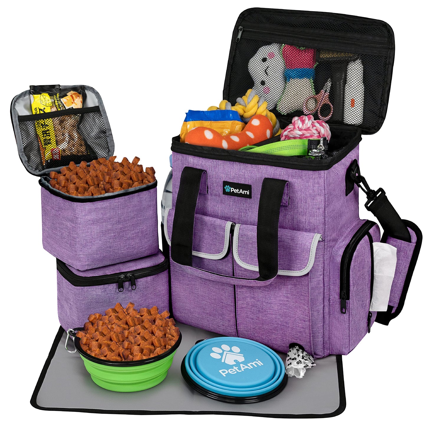 PetAmi Dog Travel Bag Pet Supplies Accessories Organizer for Traveling, Camping, Weekend; Cat Pet Travel Bag Kit Includes 2 Food Storage Containers, 2 Collapsible Bowls, 1 Feeding Mat (Purple)