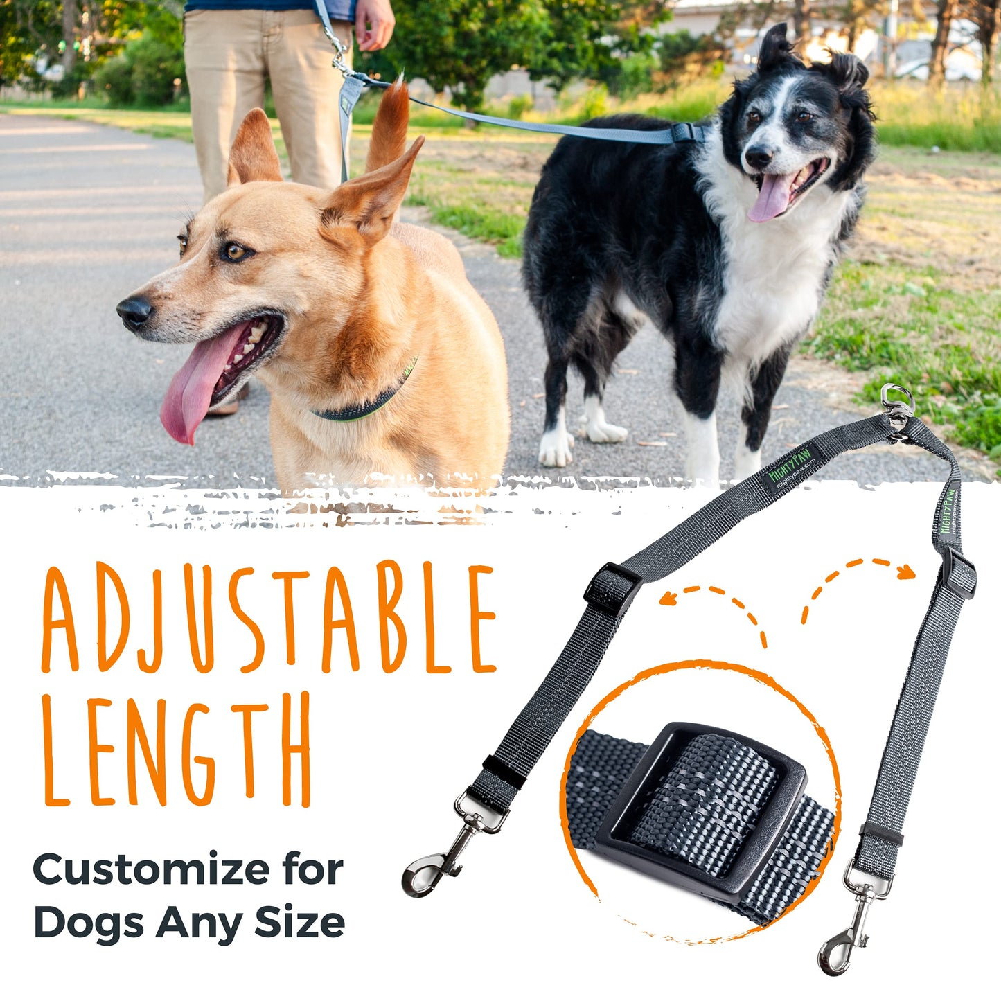 Mighty Paw Double Dog Leash - Double Leash for Two Dogs No Tangle Design. Split Lead for 2 Pets. Adjustable to Fit All Sized Breeds. Reflective Dual Pet Lead Splitter for People with 2 Pups