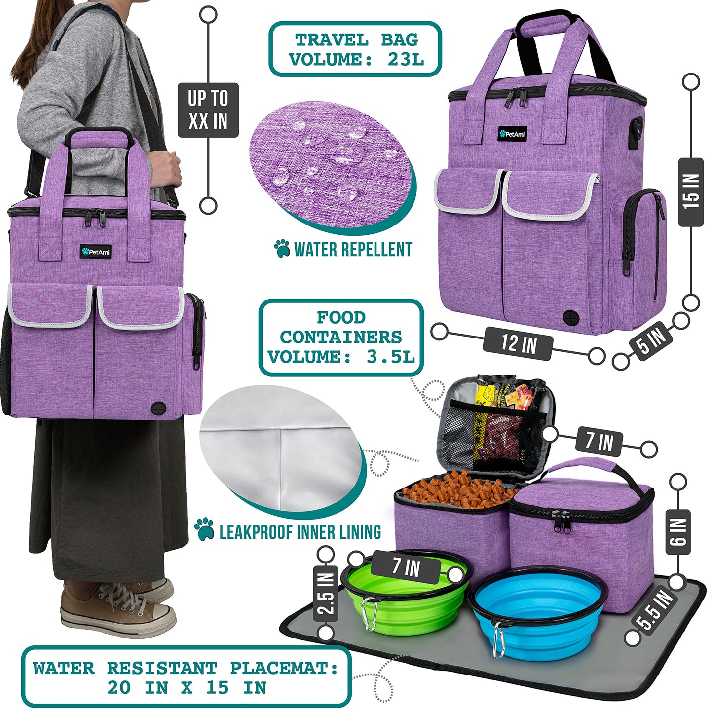 PetAmi Dog Travel Bag Pet Supplies Accessories Organizer for Traveling, Camping, Weekend; Cat Pet Travel Bag Kit Includes 2 Food Storage Containers, 2 Collapsible Bowls, 1 Feeding Mat (Purple)
