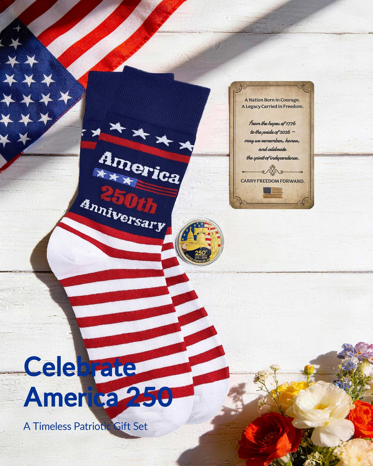 Moyel 250 Anniversary USA Gift Set 250th Anniversary Socks Challenge Coins Card Turning Point America Merchandise Patriotic Accessories fourth of july Veterans Day Gifts
