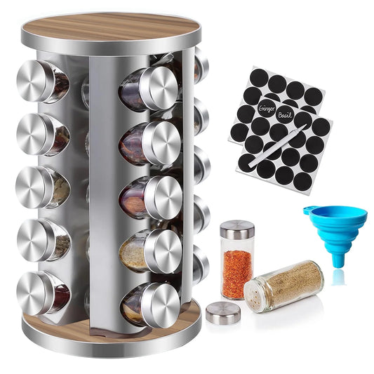 Rotating Spice Rack Organizer with Jars(20Pcs), Seasoning Organizer for Cabinet, Seasoning Rack for Countertop Kitchen, Revolving Stainless Steel Spice Organizer