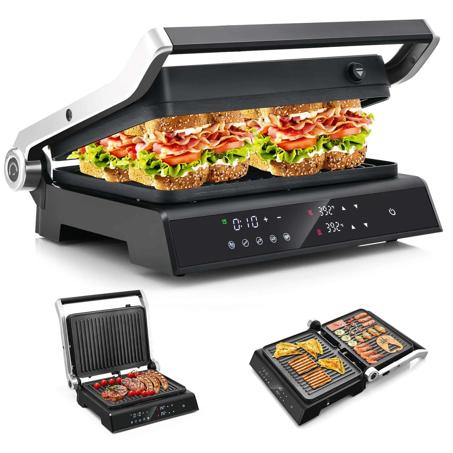 Electric Panini Press Grill Sandwich Maker with LED Display & Removable Drip Tray