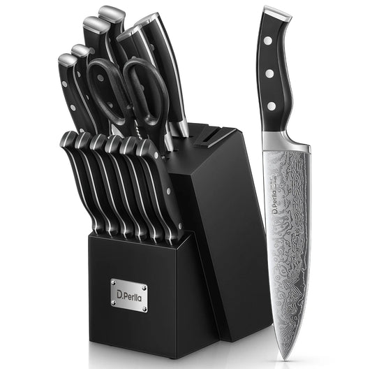 Knife Set, 14 Pcs Kitchen Knives Set with Built-In Sharpener, Stainless Steel Knife Set with Block