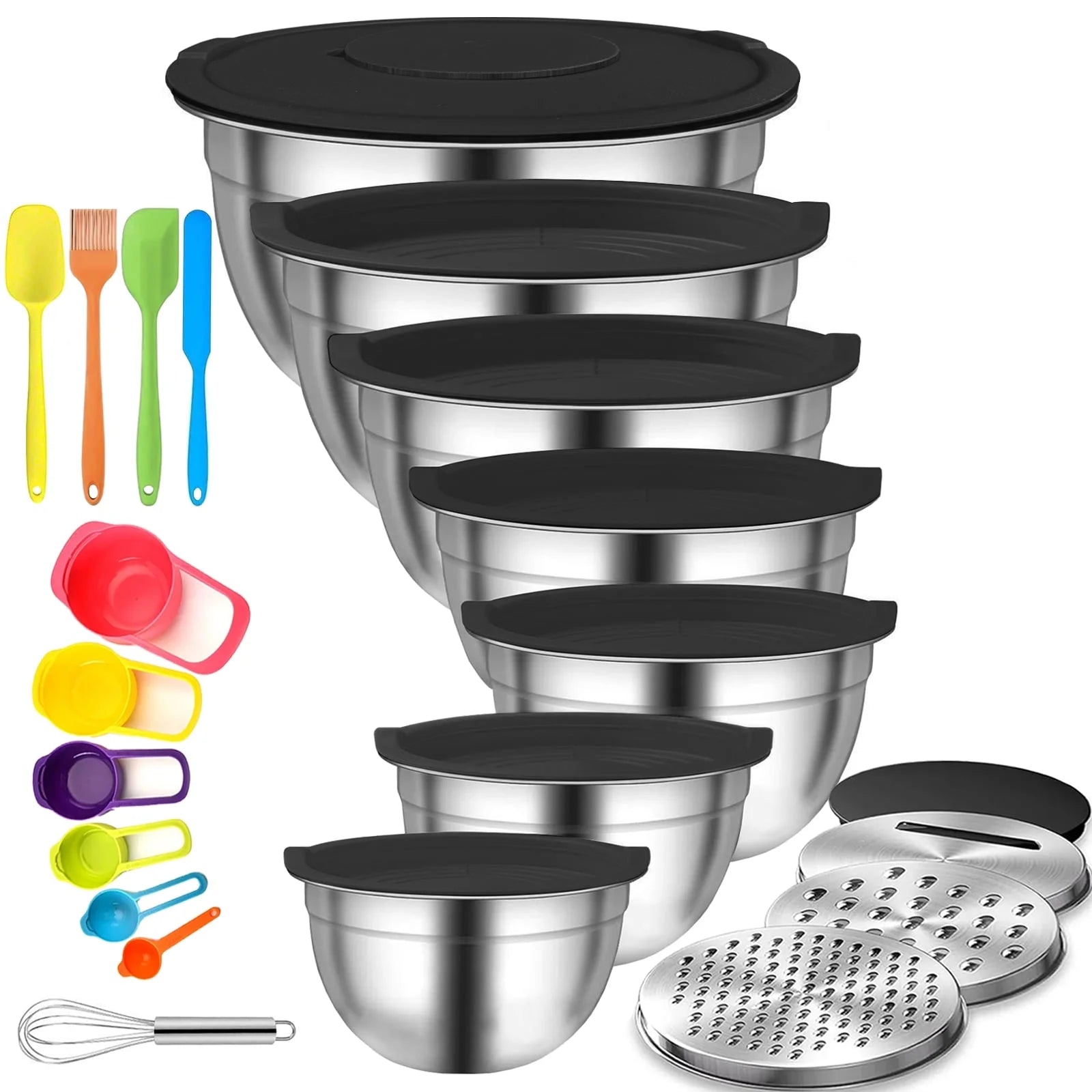 7 Pcs Mixing Bowls with Lids and 3 Grater Attachments Set