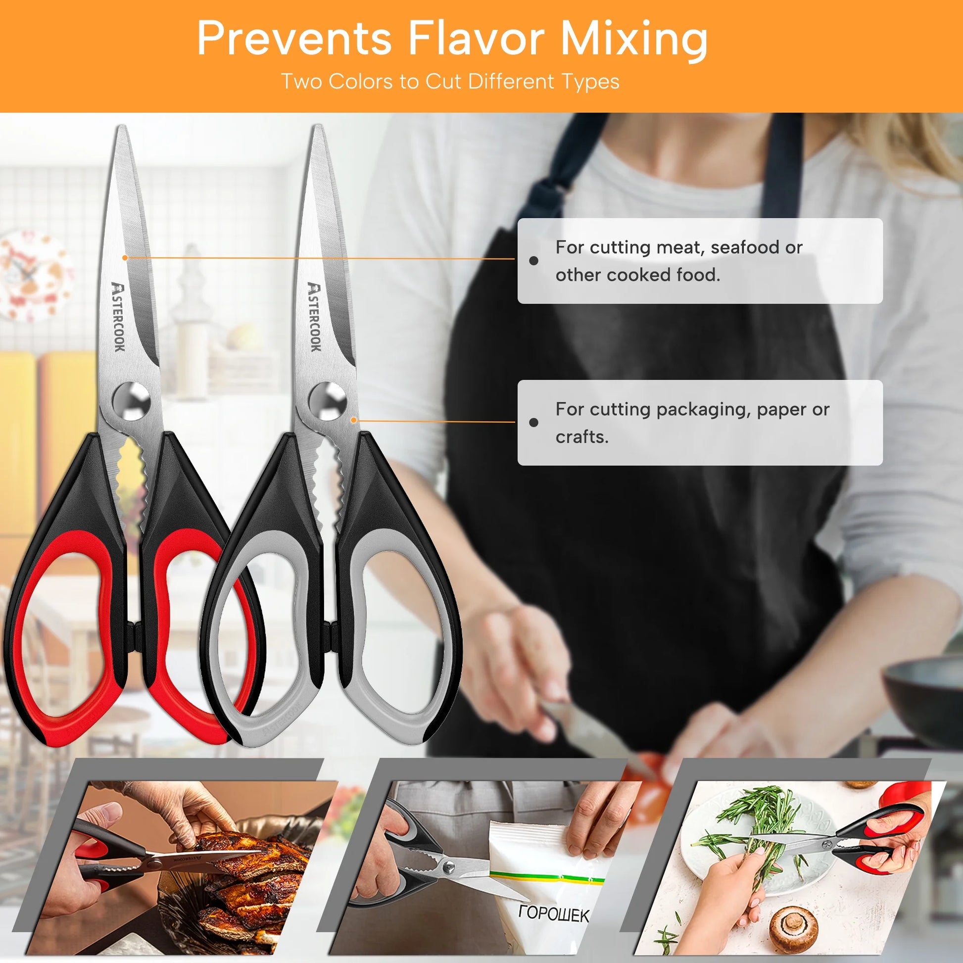 Heavy-Duty Kitchen Scissors Set, Ergonomic Food Shears with Serrated Blade for Poultry, Herbs, and Vegetables, Dishwasher Safe