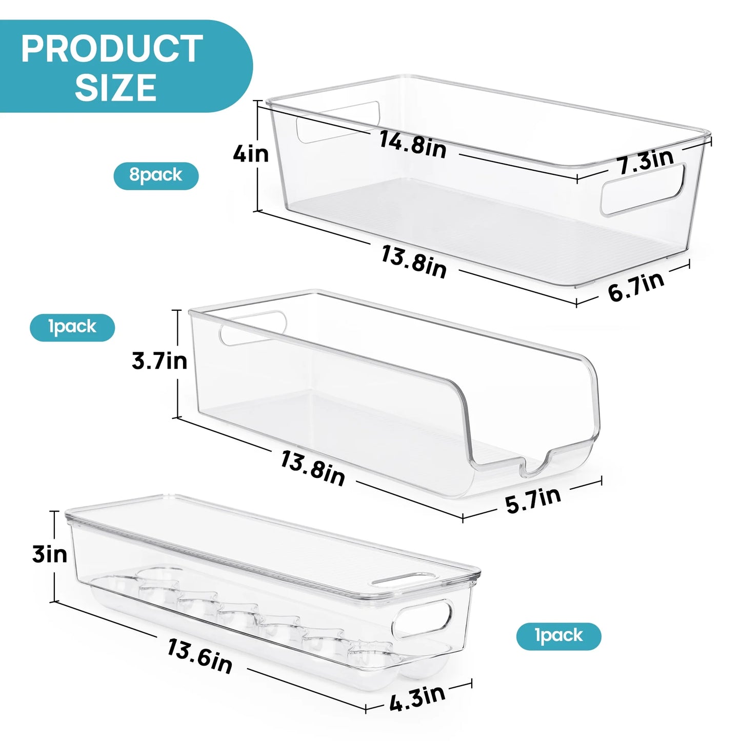 Set of 10 Fridge Organizer, Refrigerator Organizing Bins with Handles, Bpa-Free Clear Plastic Fridge Storage Containers