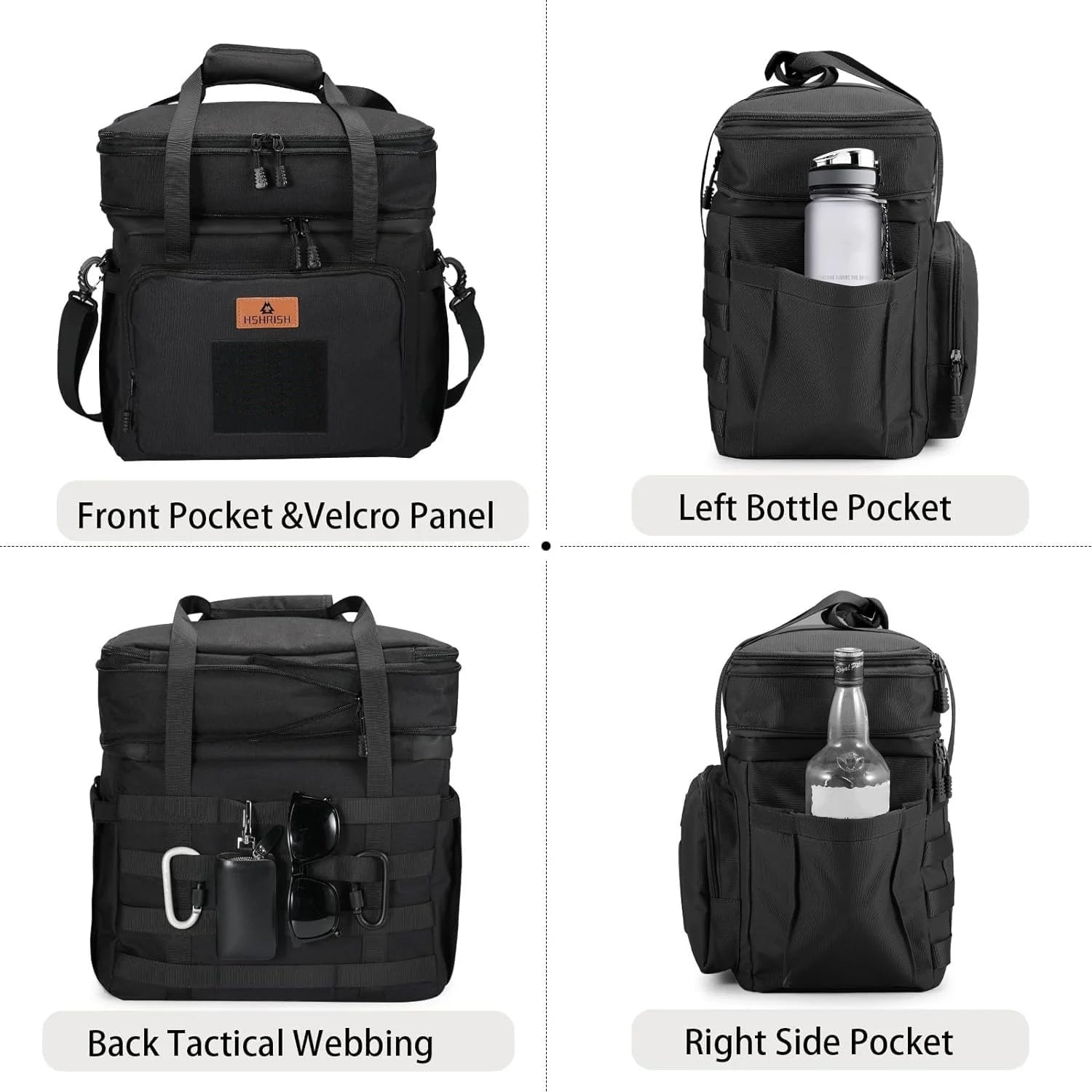 Tactical Lunch Bags, Large Expandable Insulated Lunch Box, Durable Waterproof Leakproof Cooler Bag for Adults/Men/Women/Work Outdoor Beach Trips, 20 Cans/15 L, Black