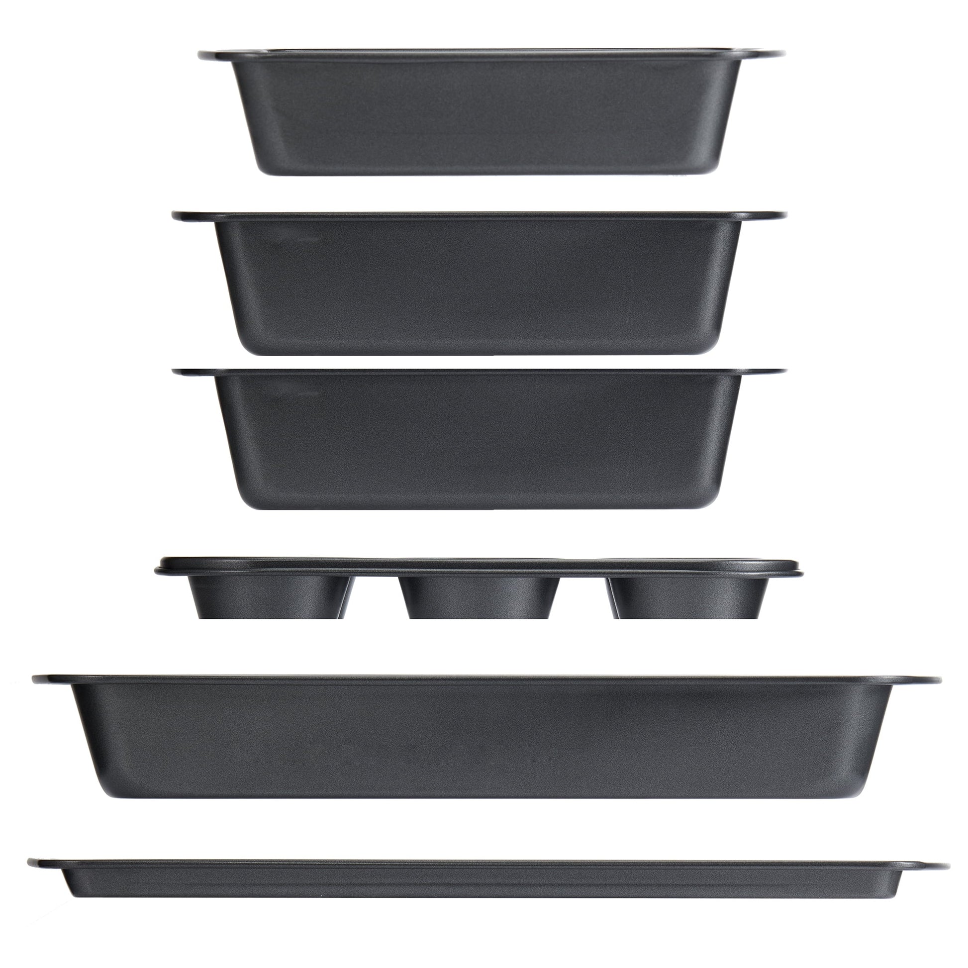 6 Piece Non-Stick Carbon Steel Bakeware Set with Cake, Muffin, Cookie and Loaf Pans, Gray
