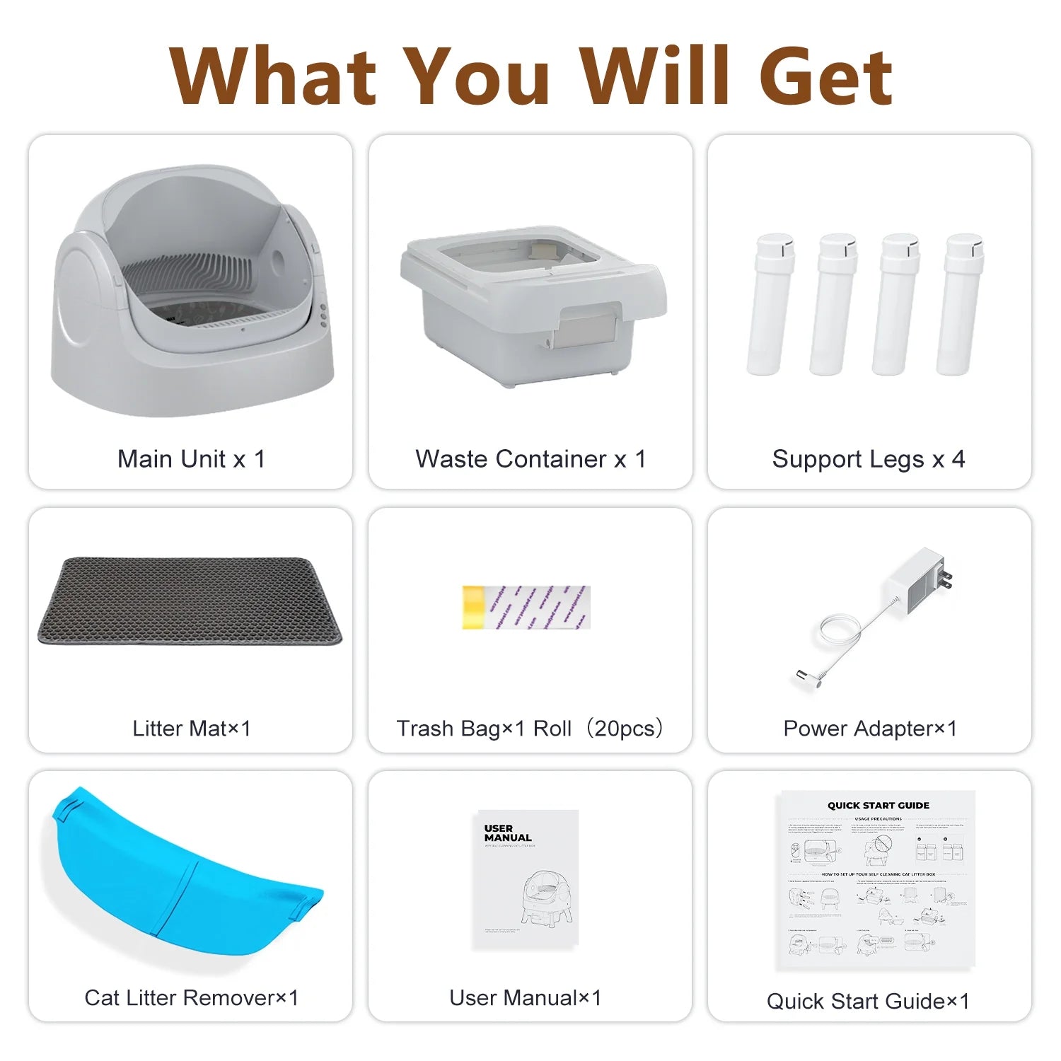 Self-Cleaning Automatic Cat Litter Box with Safety Features, Included Mat and Trash Bags, Steel Construction