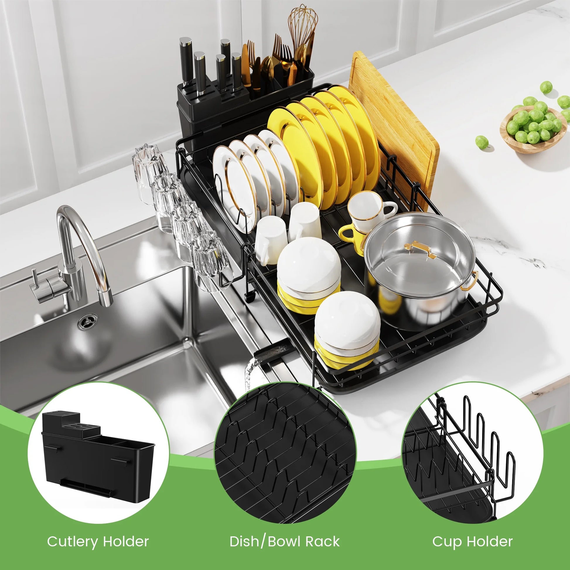 Retractable Dish Drying Rack for Kitchen Countertop, Compact Dish Rack with Drainboard Tray, Cutting Board/Utensil Holder,Black