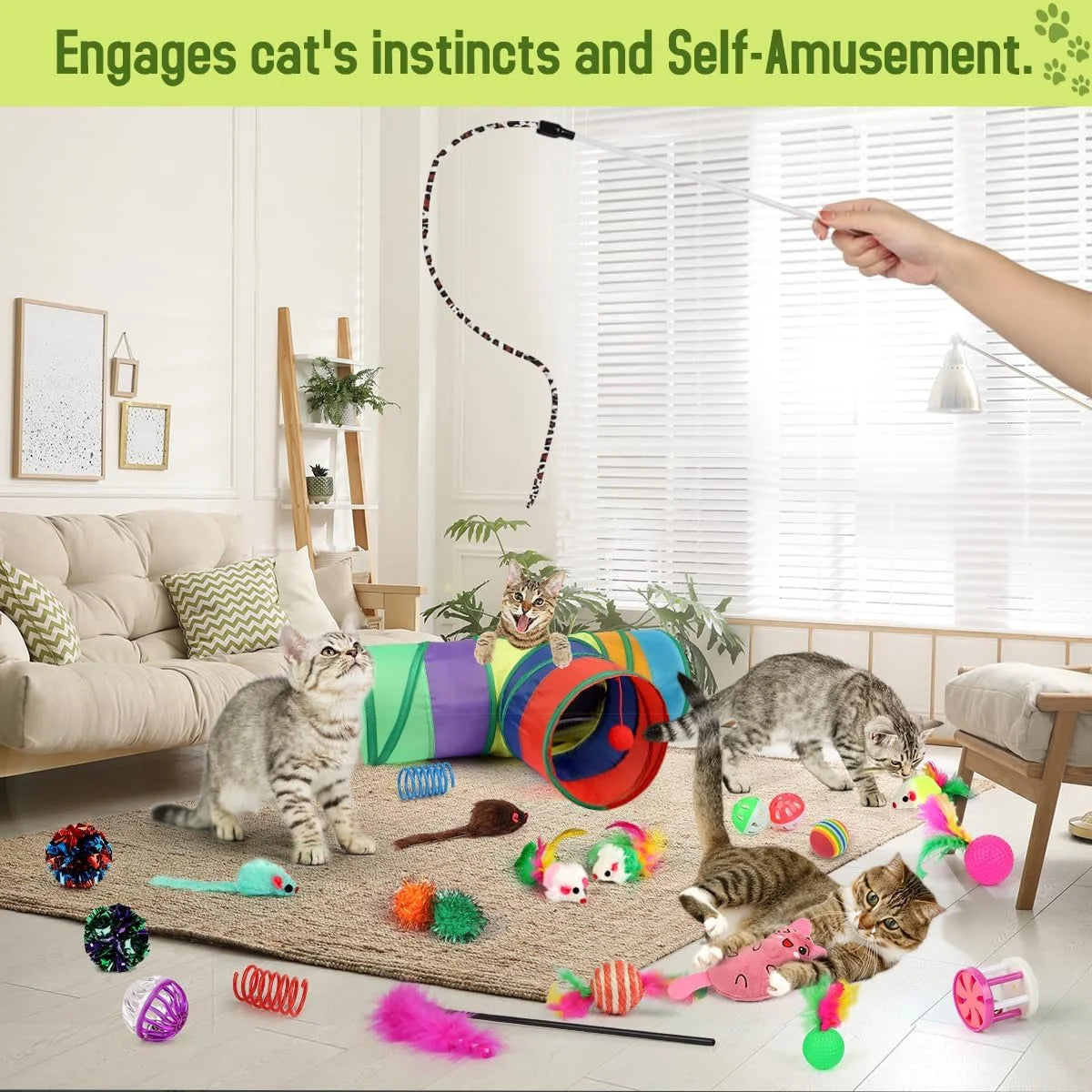 32-Piece Interactive Cat Toy Set with Catnip, Collapsible Rainbow Tunnel, Feather Teasers, Crinkle Balls, and Spring Toys for Cats and Kittens