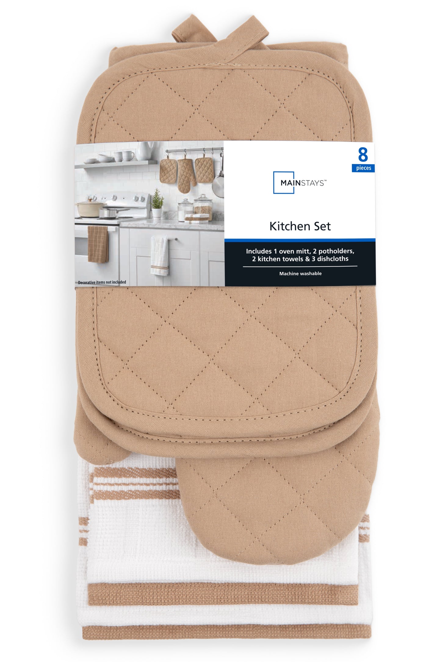 Kitchen Towel, Dishcloth, Oven Mitt, and Pot Holder 8 Pack Set, Brown, 100% Cotton