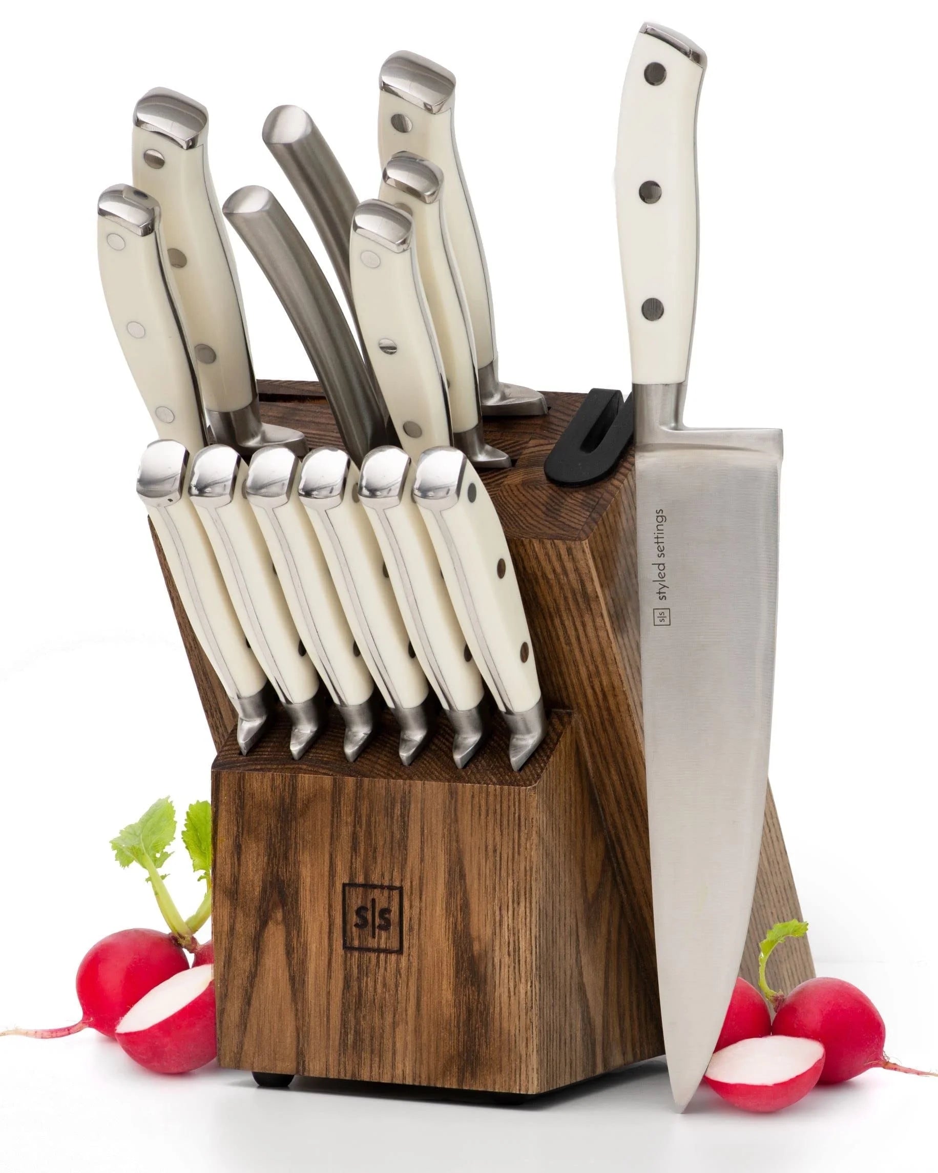 White Stainless Steel Knife Set with Walnut Block with Sharpener