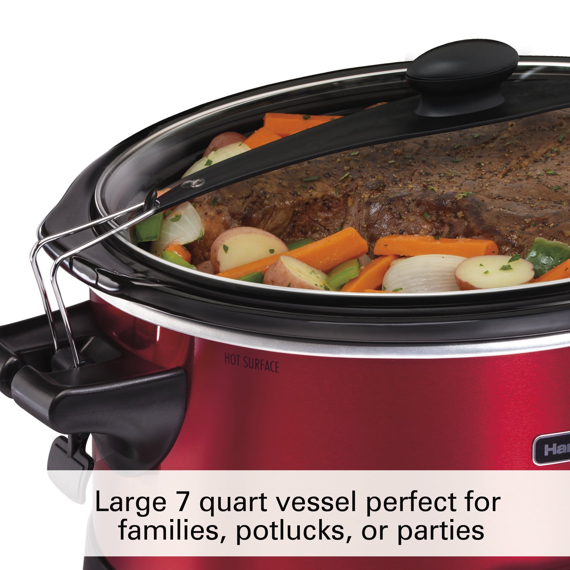 Stay or Go Programmable Slow Cooker with Party Dipper, 7 Quart Capacity, Removable Crock, Red, 33478