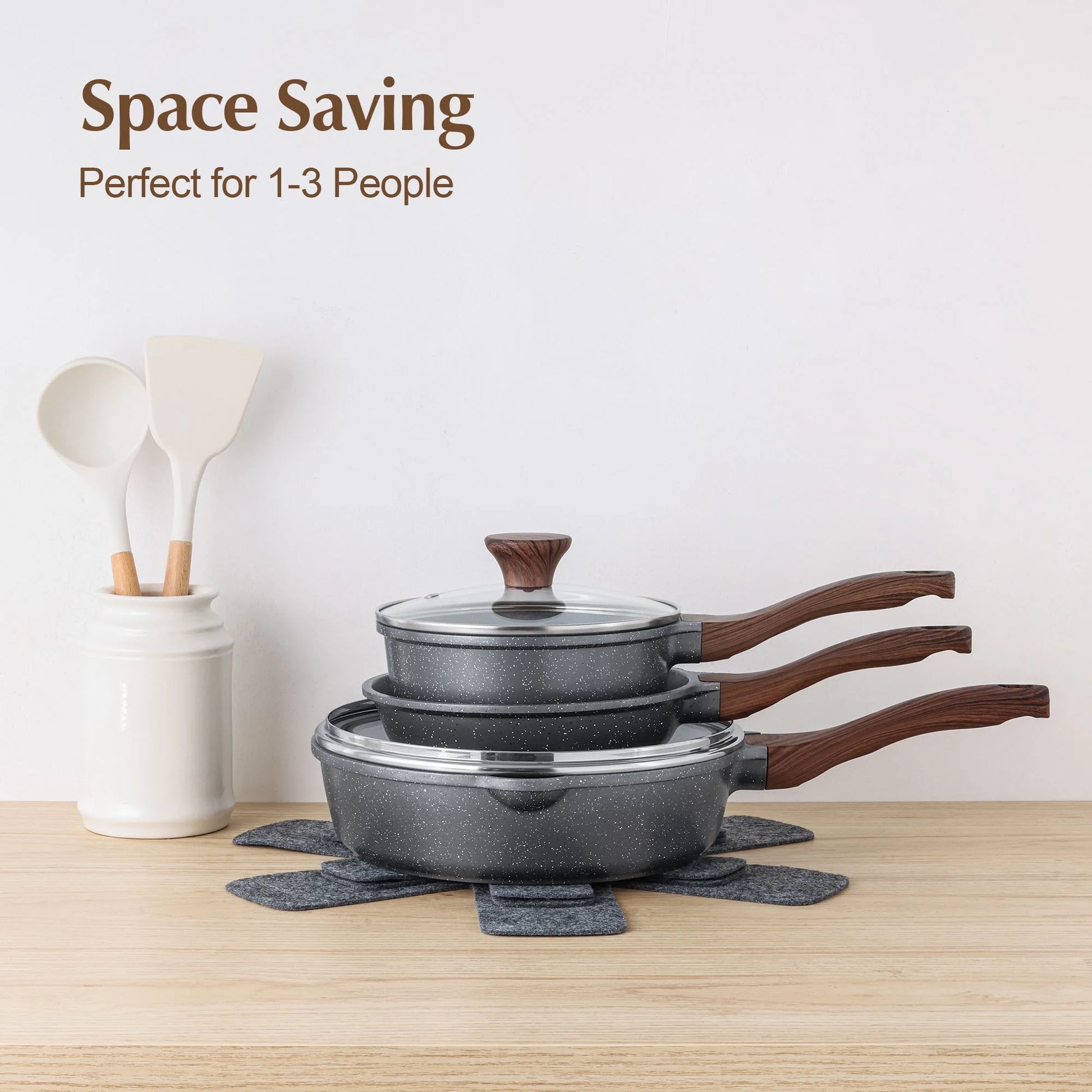 10-Piece Healthy Nonstick Cookware Set with Pot Protectors, Induction-Compatible Gray Cookware Set