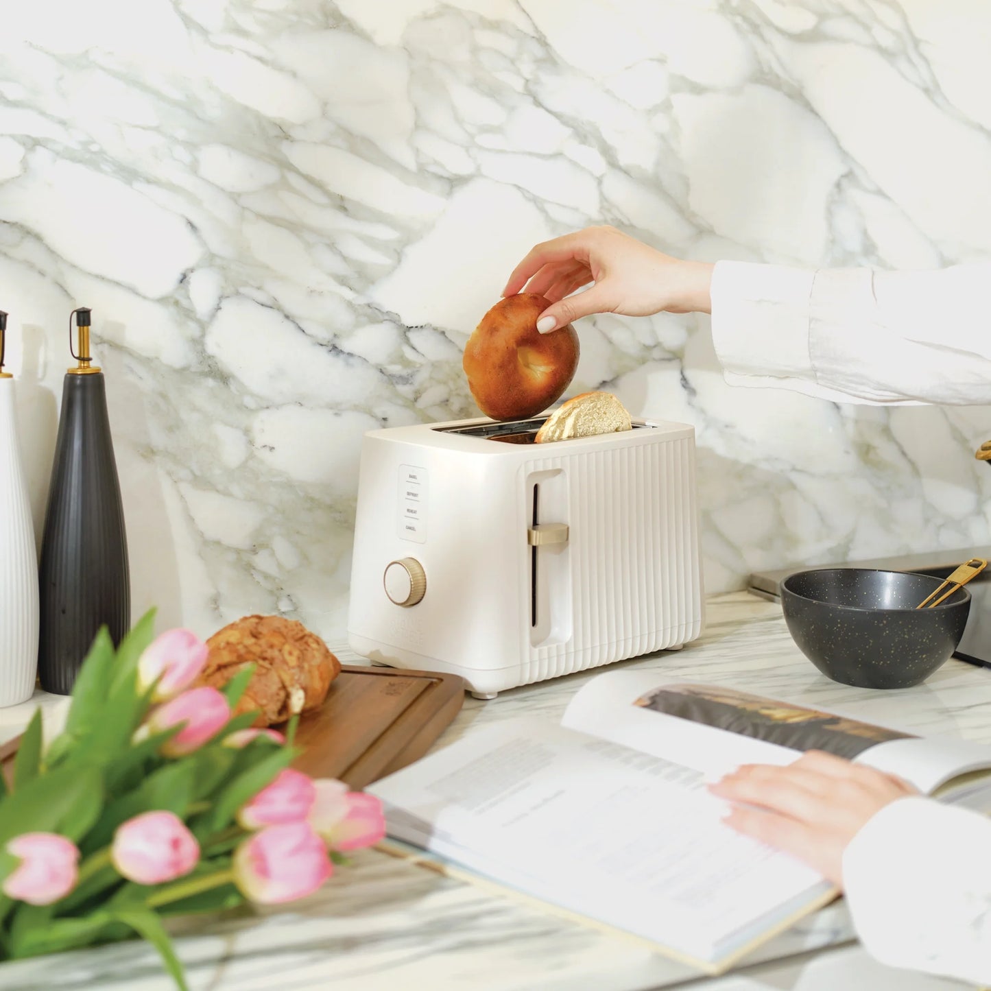 2-Slice Toaster with Extra-Wide Slots and Removable Slide-Out Crumb Tray, Sand White