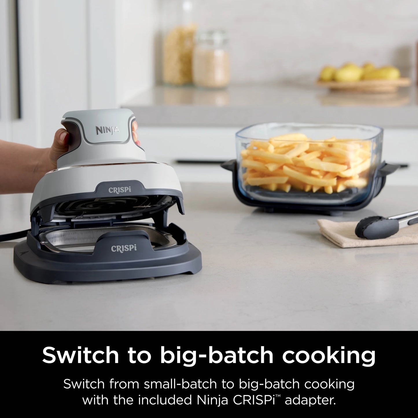 Crispi 3-In-1 Portable Glass Air Fryer Cooking System, 1500W, 4-Qt & 5-Cup Tempware Glass Containers with Storage Lids, Microwave, Freezer & Dishwasher Safe, White, FN100WH