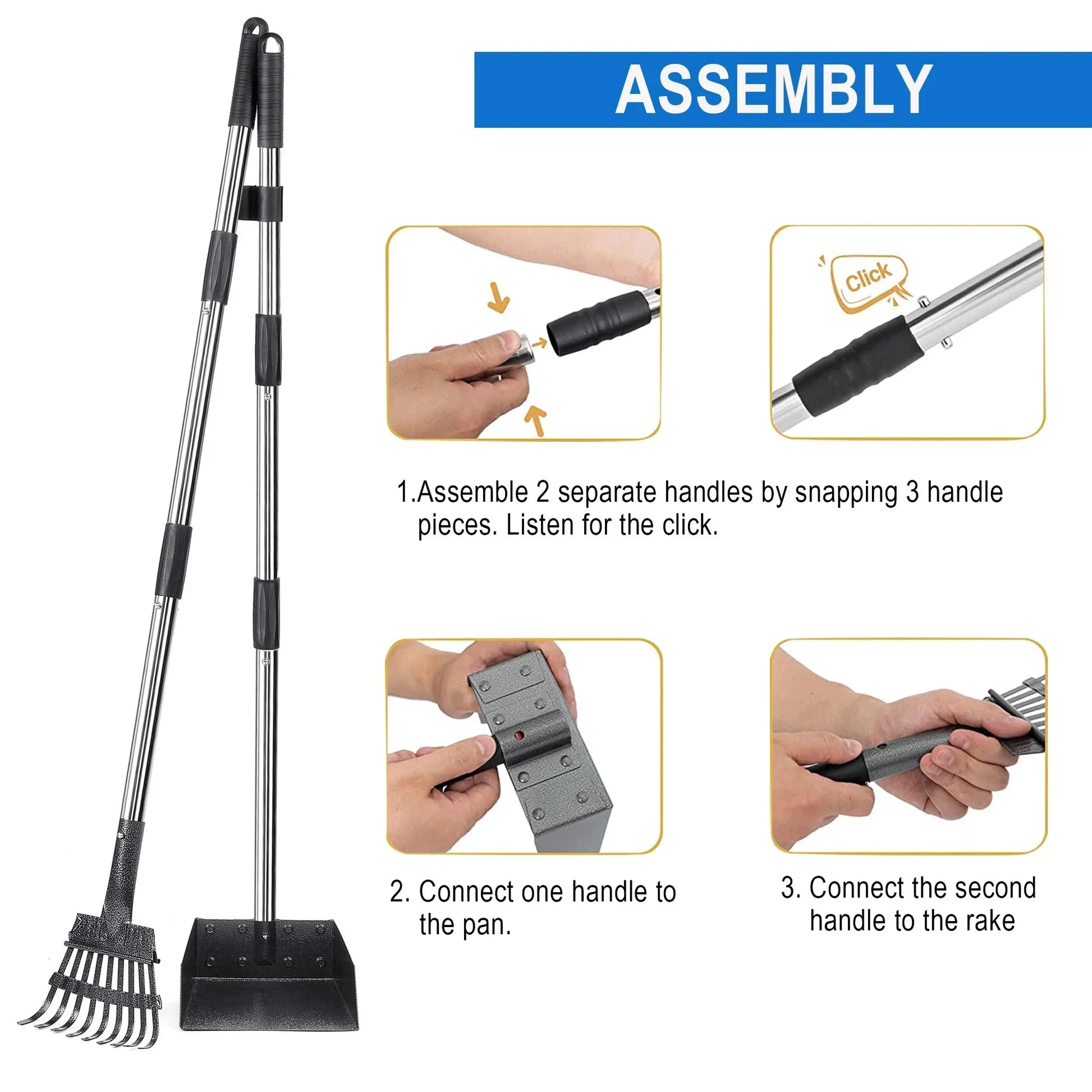 38-Inch Long Handle Poop Scooper -  2-Piece Metal Waste Collection Set with Rake and Tray for Effortless Yard Cleanup