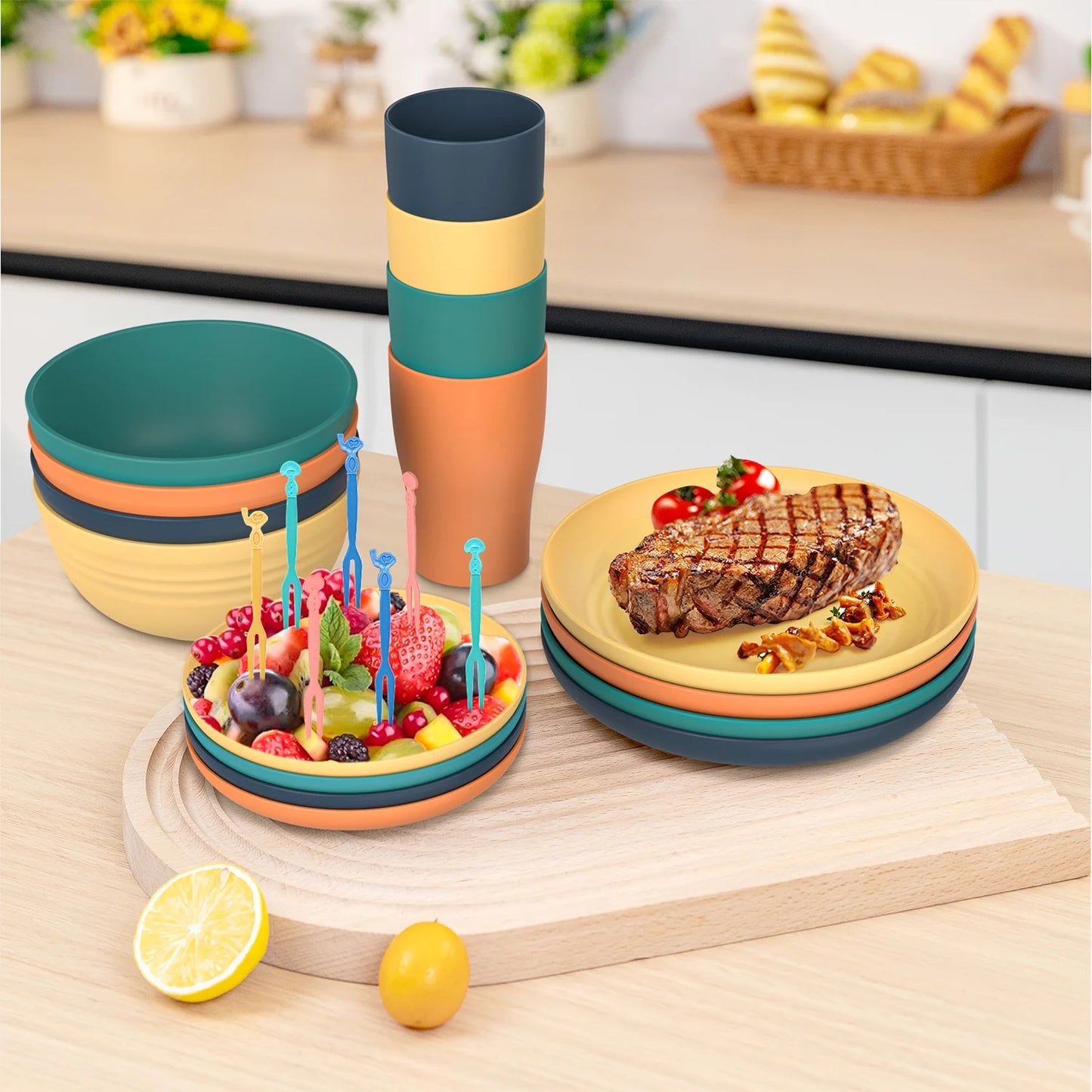 Wheat Straw Dinnerware Sets, 24 Piece Unbreakable Dinnerware Sets, Service for 4 Dishes Sets, Reusable Plates and Bowls Sets, Travel Camping Cutlery Set, Dishwasher Microwave Safe, Multicolor