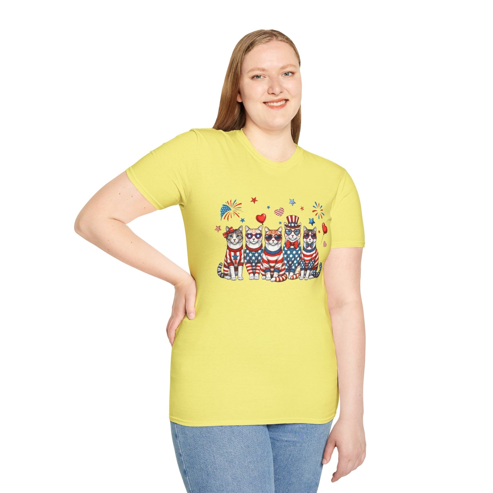 Patriotic Cat Unisex Softstyle T-Shirt for Fourth of July Celebrations