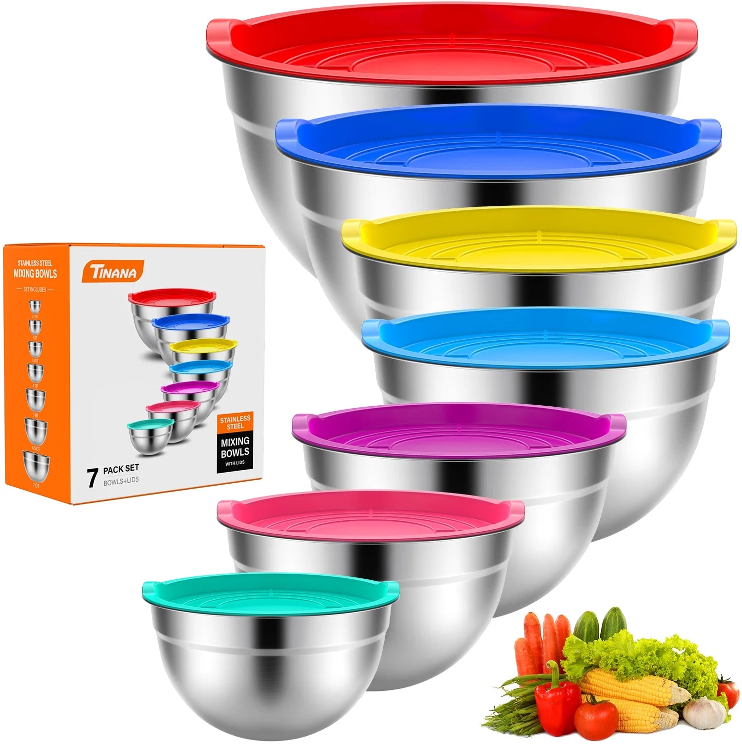Stainless Steel Mixing Bowls Set with Lids - 7-Piece Nesting Bowls for Kitchen Prep, Baking, and Serving (7QT, 4.5QT, 3QT, 2QT, 1.5QT, 1QT, 0.7QT) - Multicolor