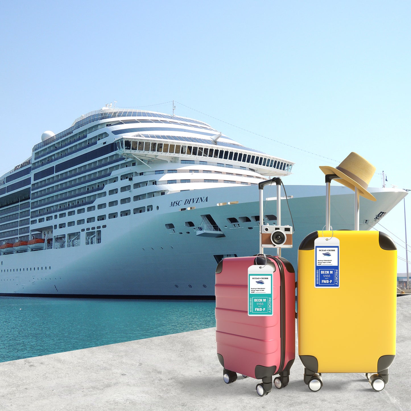 12-Piece Waterproof Cruise Luggage Tag and ID Holder Set with Zip Seal and Steel Loops, Durable PVC Holders Compatible with All Cruise Lines