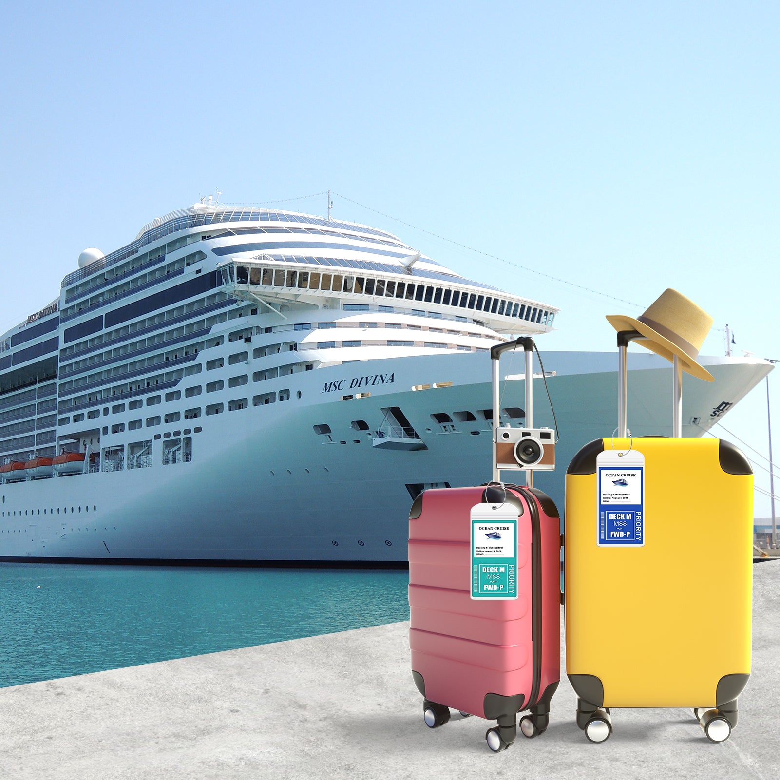 12-Piece Waterproof Cruise Luggage Tag and ID Holder Set with Zip Seal and Steel Loops, Durable PVC Holders Compatible with All Cruise Lines