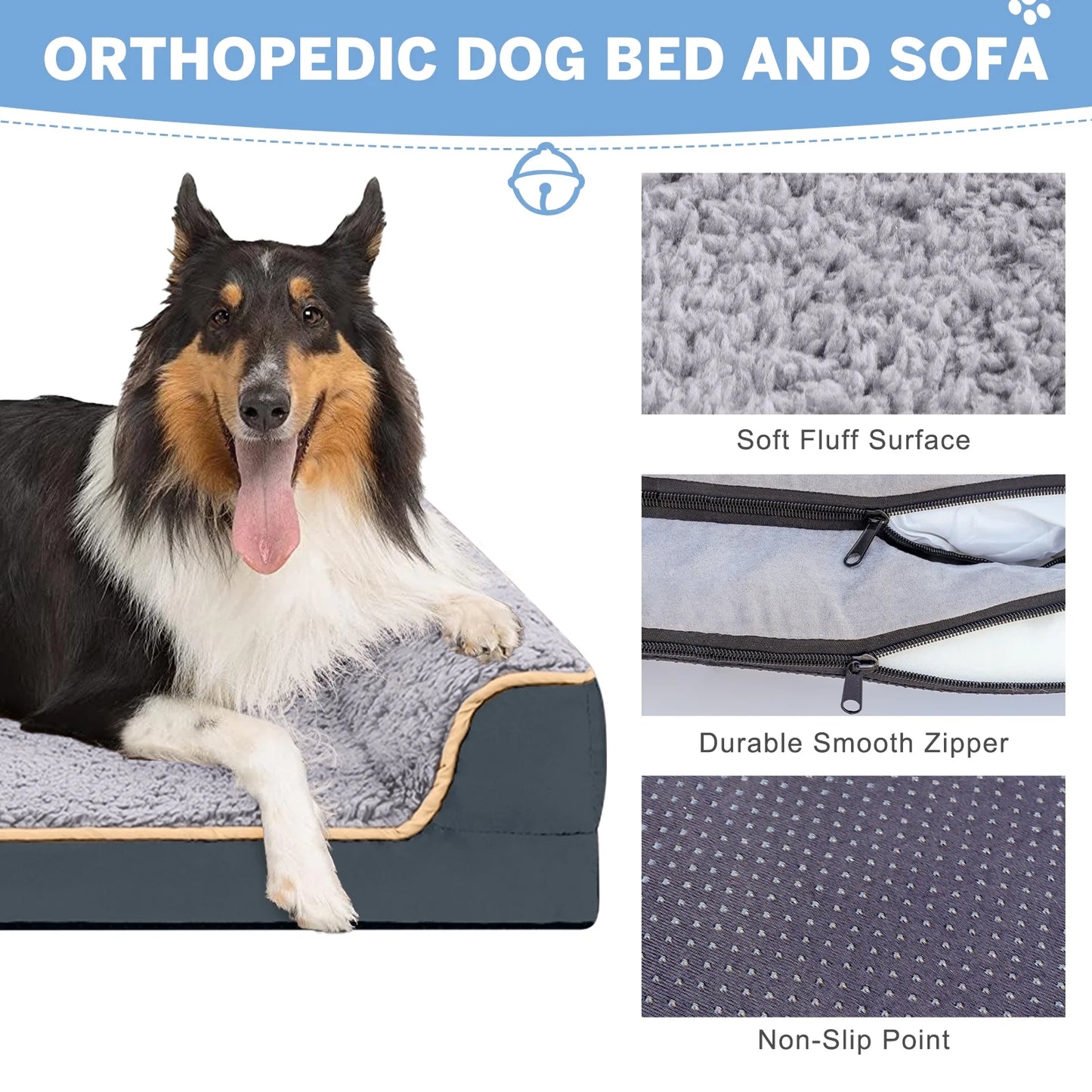 Orthopedic Dog Sofa Bed for All Sizes - Non-Slip Pet Couch with Removable Washable Cover and Supportive Egg Crate Foam, Dark Gray