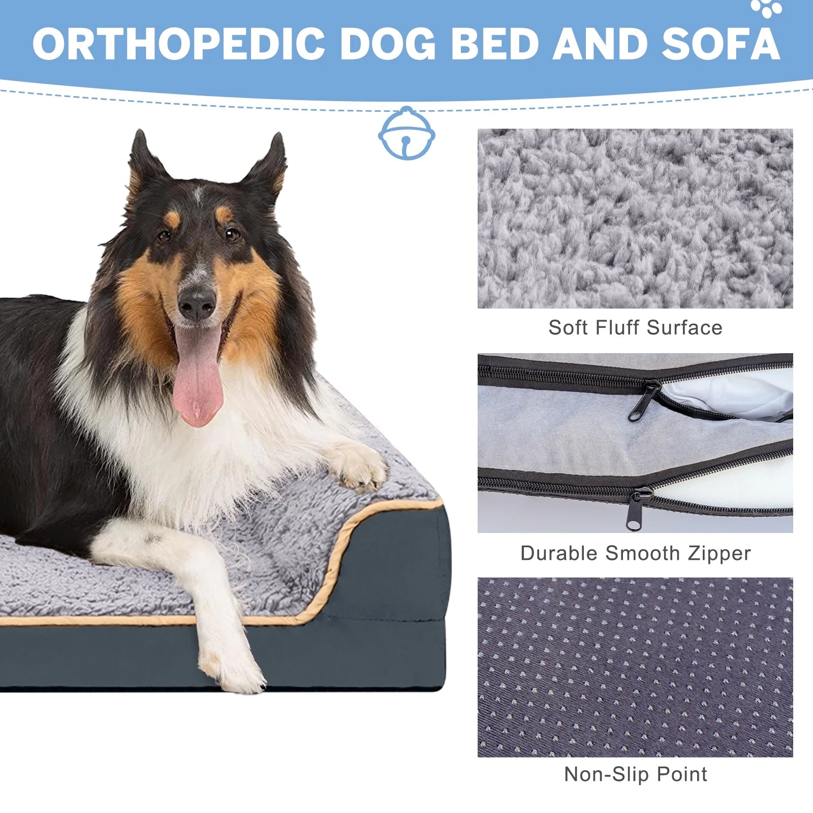 Orthopedic Dog Sofa Bed for All Sizes - Non-Slip Pet Couch with Removable Washable Cover and Supportive Egg Crate Foam, Dark Gray