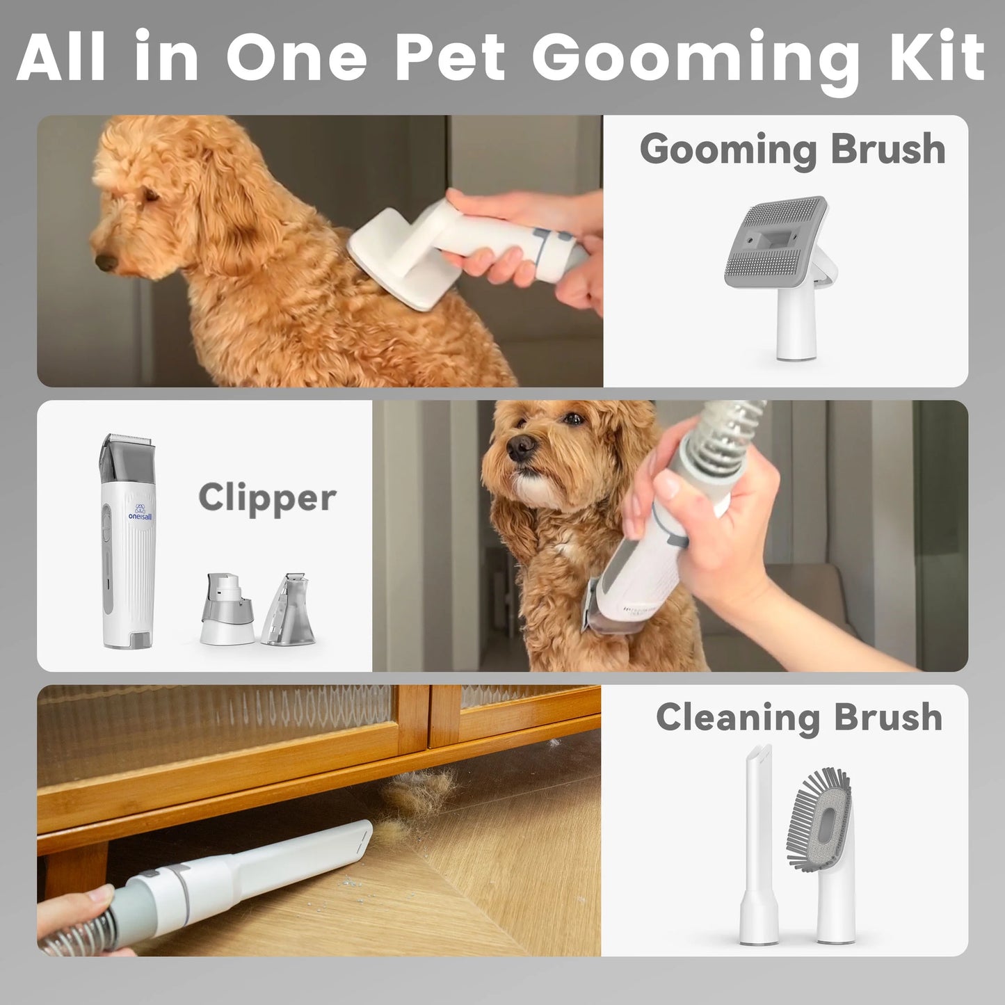 LM3 8-in-1 Dog Grooming Vacuum Kit with 11000Pa Suction Power for Shedding Dogs and Cats - Gray