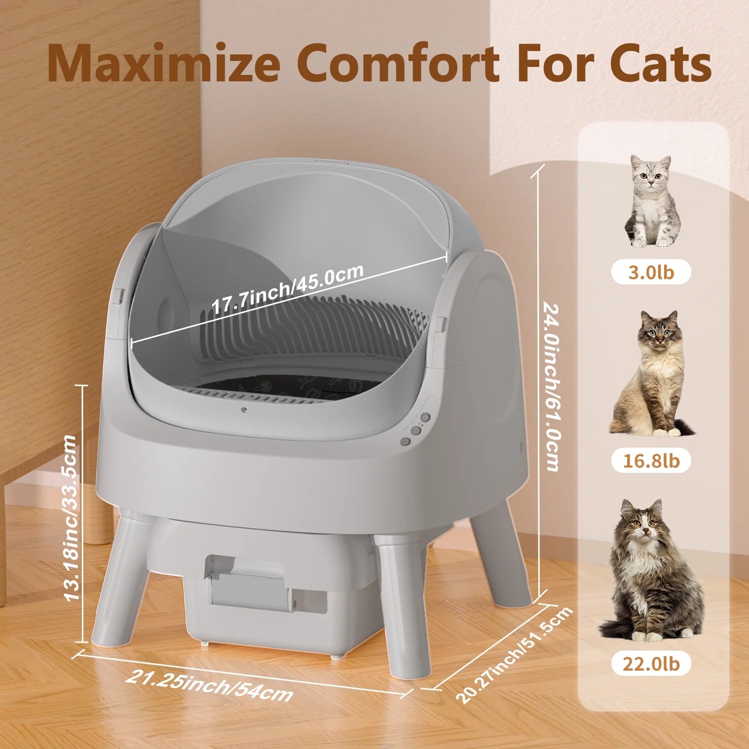 Self-Cleaning Automatic Cat Litter Box with Safety Features, Included Mat and Trash Bags, Steel Construction