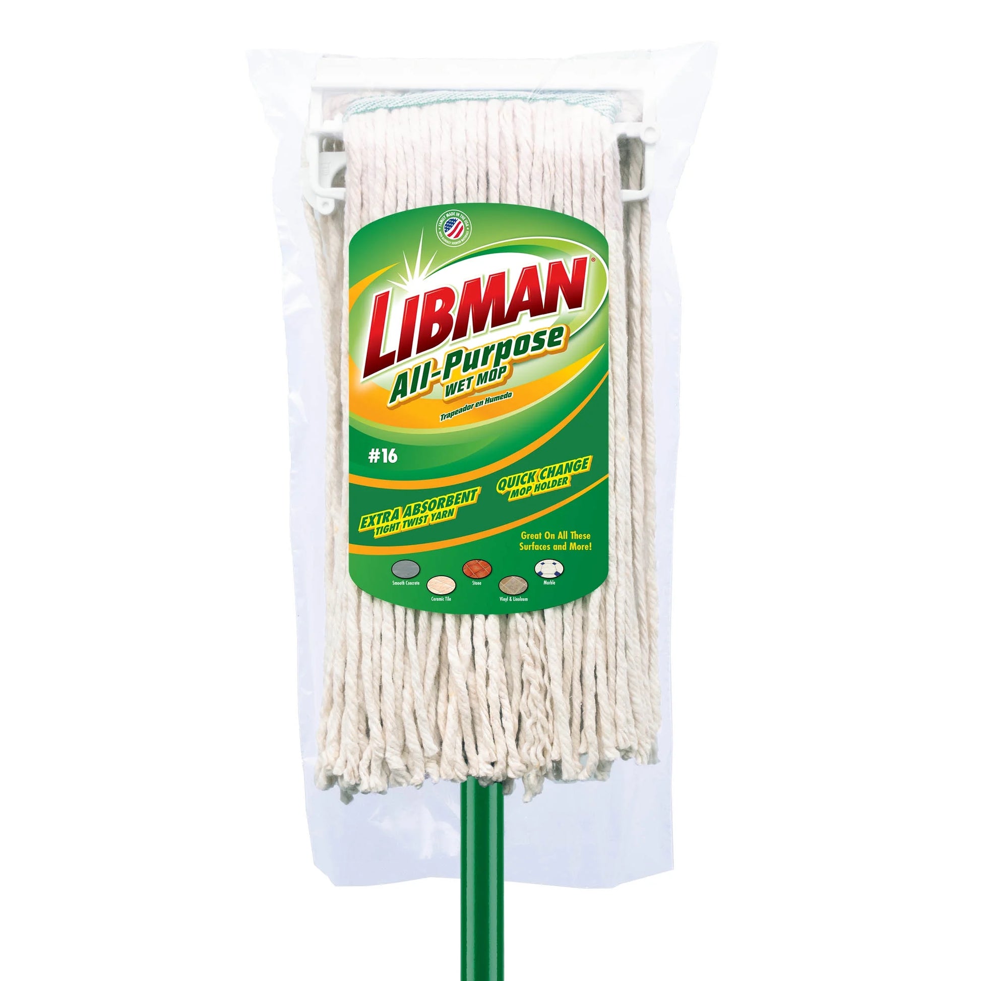 Household Wet Mop Cotton Blend Cut End Steel Handle Green White
