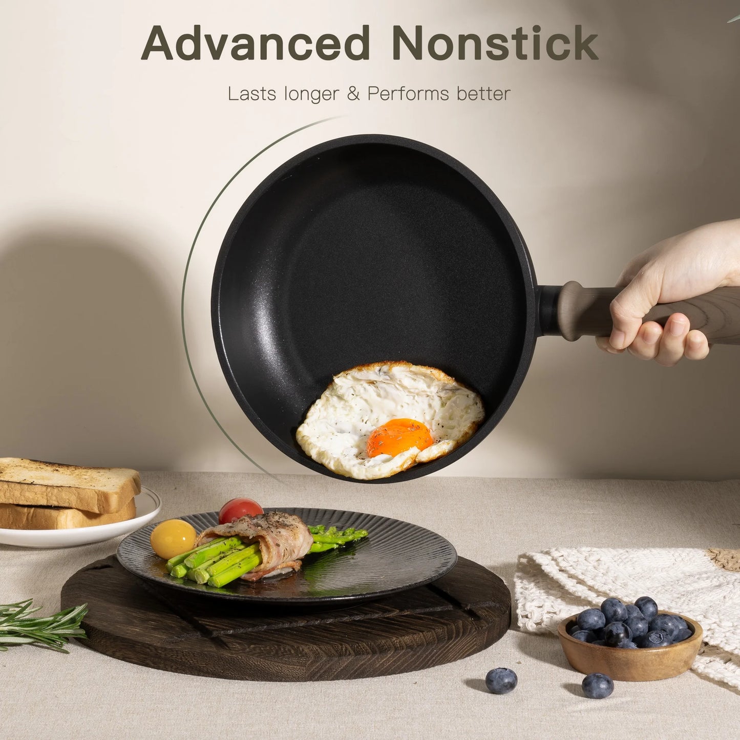 18-Piece Pots and Pans Set, Nonstick Cookware Set with Elegant Wooden Handle, Oven Safe to 480°F, Induction Compatible, Kitchen Cooking Set for RV Trips, Camping and Picnic, Black