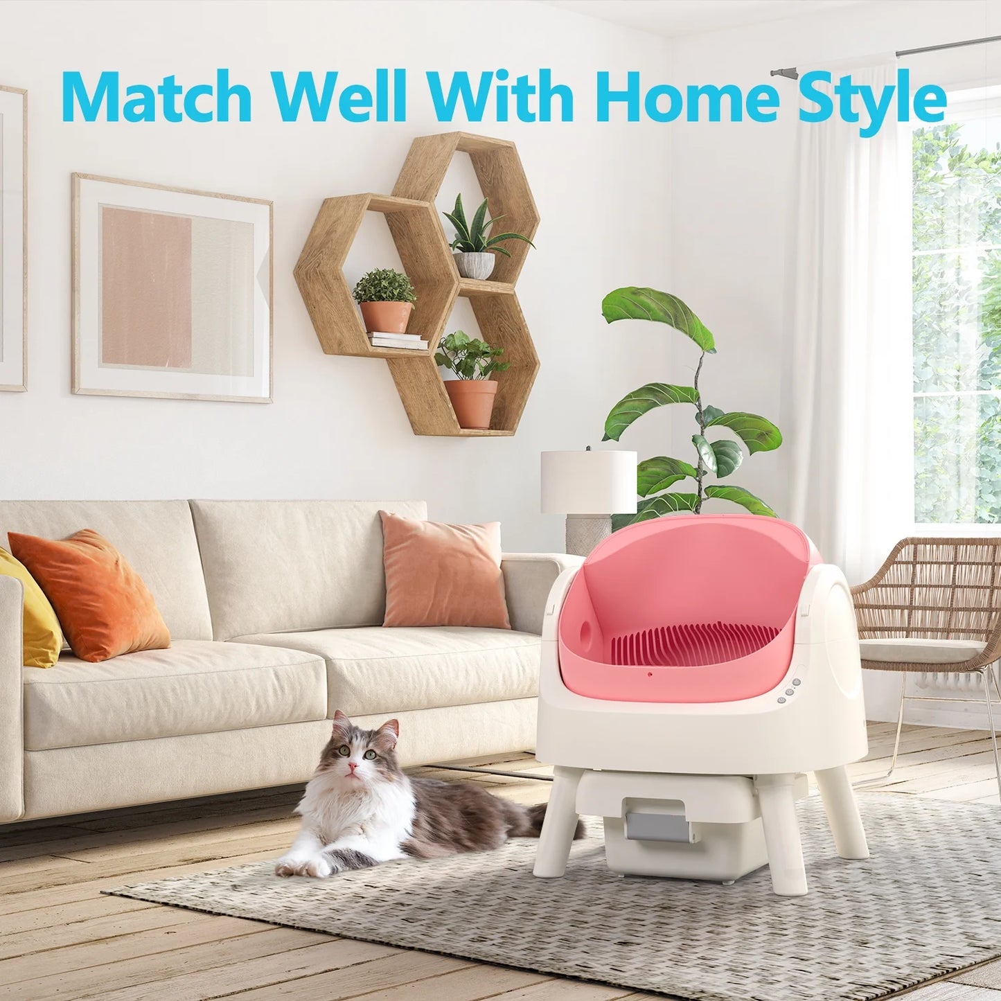 Automatic Self-Cleaning Cat Litter Box with Safety Features, Mat, and Trash Bags Included - Pink