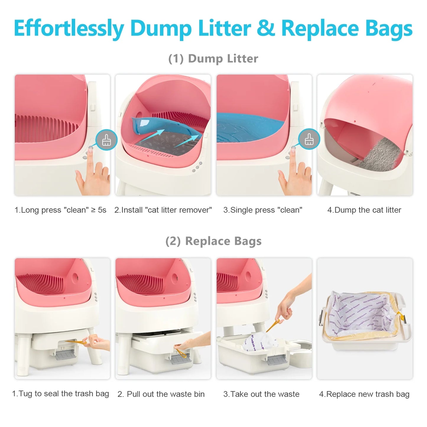 Automatic Self-Cleaning Cat Litter Box with Safety Features, Mat, and Trash Bags Included - Pink