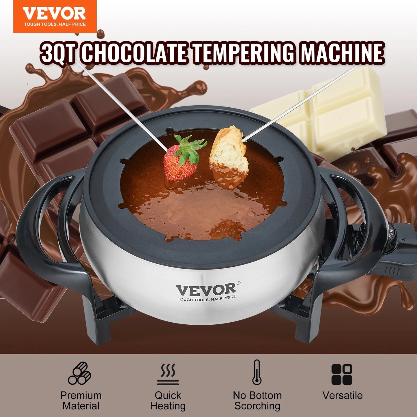 Electric Fondue Pot Set for Cheese & Chocolate, 3 Quart Chocolate Melting Warmer, Stainless Steel Fondue Maker with Temperature Control and 8 Forks,For Hors Deoeuvres,Entrees,And Desserts