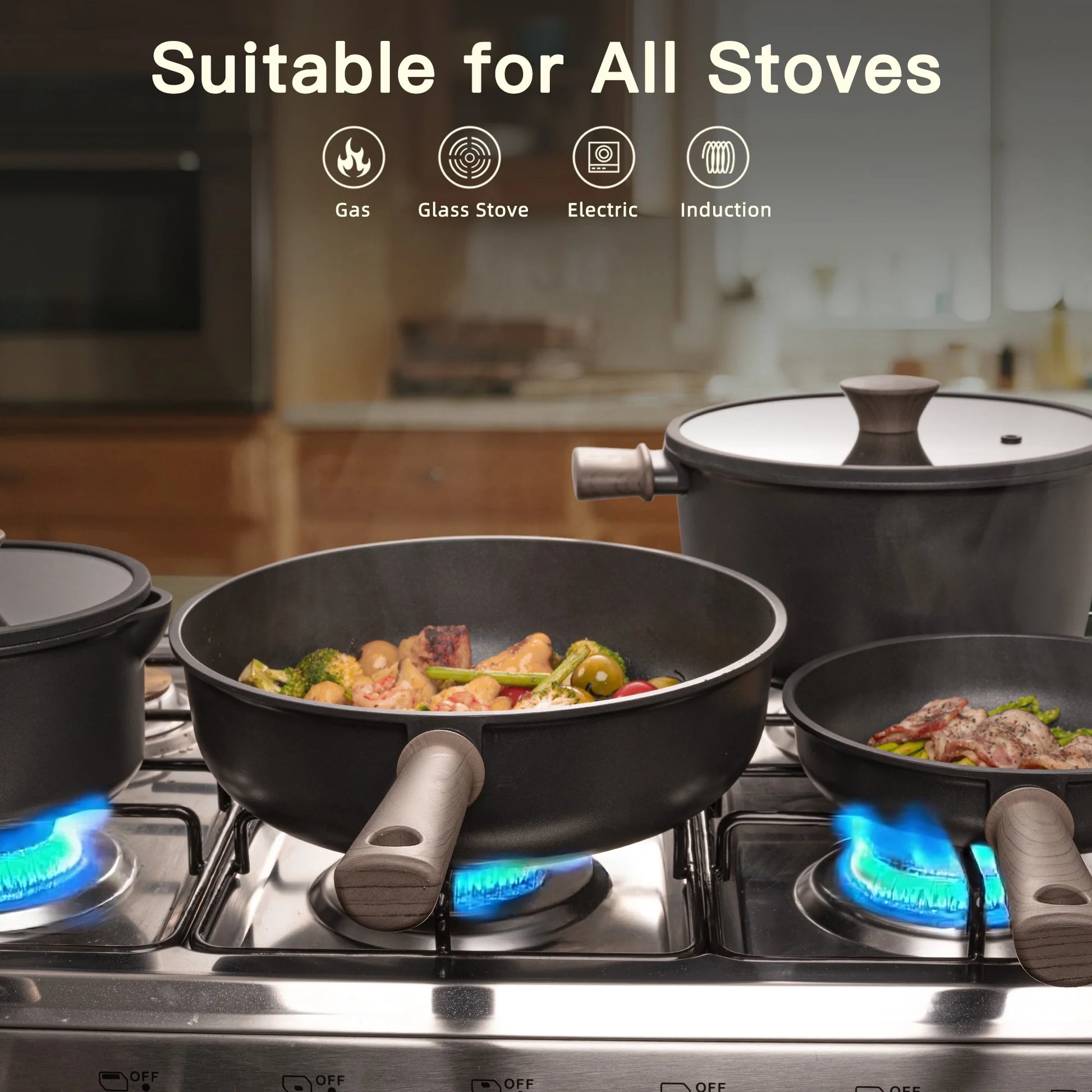 18-Piece Pots and Pans Set, Nonstick Cookware Set with Elegant Wooden Handle, Oven Safe to 480°F, Induction Compatible, Kitchen Cooking Set for RV Trips, Camping and Picnic, Black