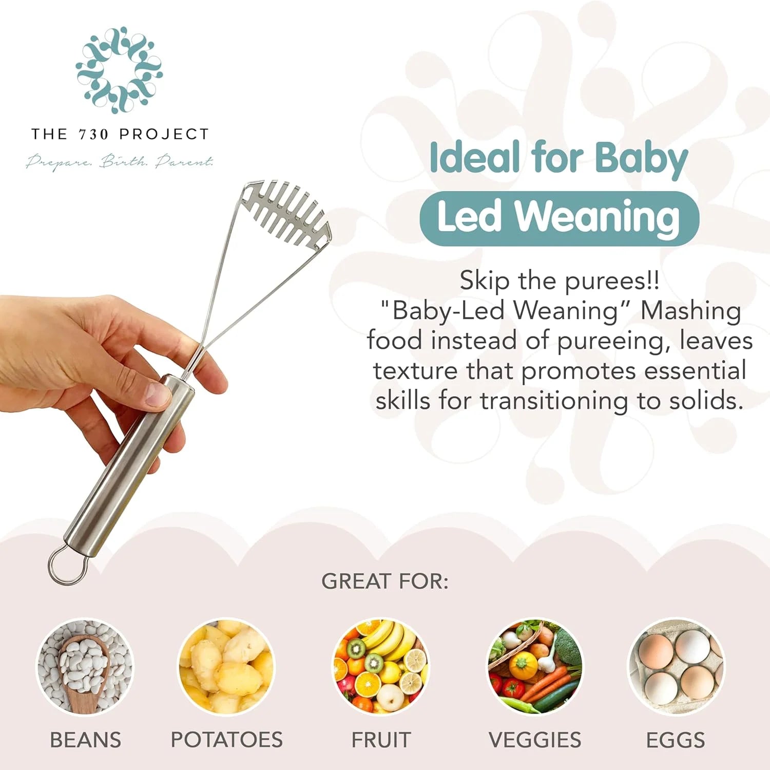 Stainless Steel Baby Food and Potato Masher with Small Head for BLW, Fruits, and Soft Small Batches