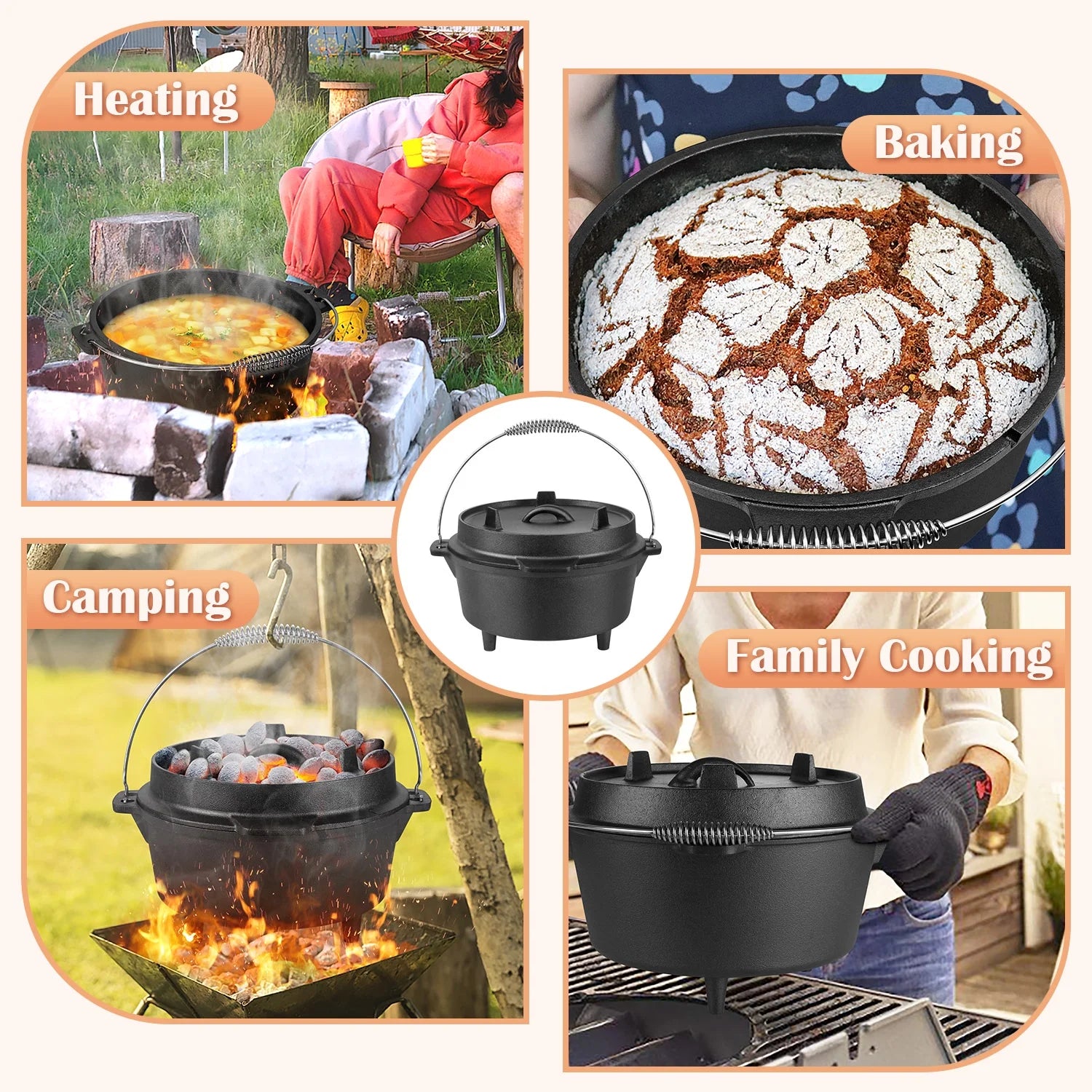 5 QT Cast Iron Dutch Oven, 2 in 1 Pre-Seasoned Camping Pot with Reversible Lid and Lid Lifter Handle, Multifunctional Cookware Pot for Camping Cooking BBQ Baking