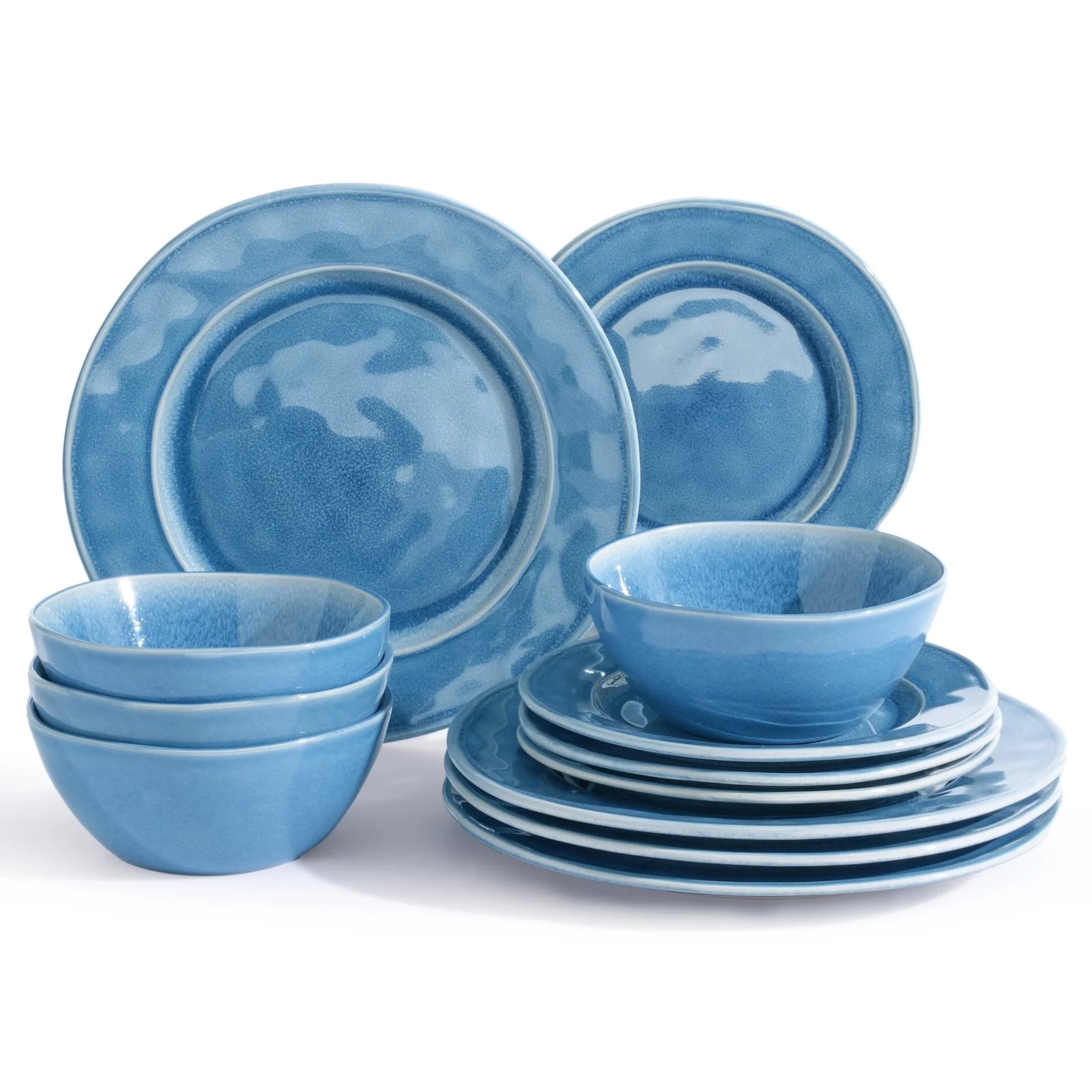 Aurora 12 Piece Dinnerware Set, Stoneware Plates and Bowls Set, Service for 4, Lagoon Blue