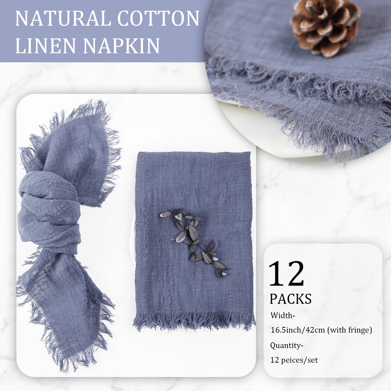 Handmade Cotton Napkins with Fringe 12 Pack，Bulk Dinner Napkins Table Napkins for Fall Thanksgiving Christmas Party Wedding Decoration, Dusty Blue