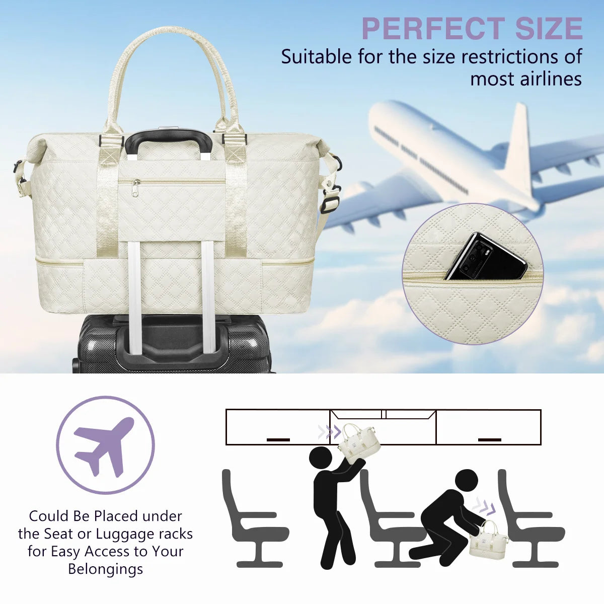 40L Weekender Duffel Bag with Shoes Compartment, Includes Toiletry and Shoes Bags, Women's Gym Bag with Wet Pocket, Ideal for Travel and Weekend Getaways, White