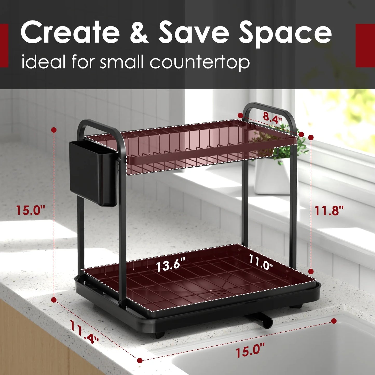 Dish Drying Rack, 2-Tier Stainless Steel Dish Racks, Dish Drainer for Kitchen Counter, Black