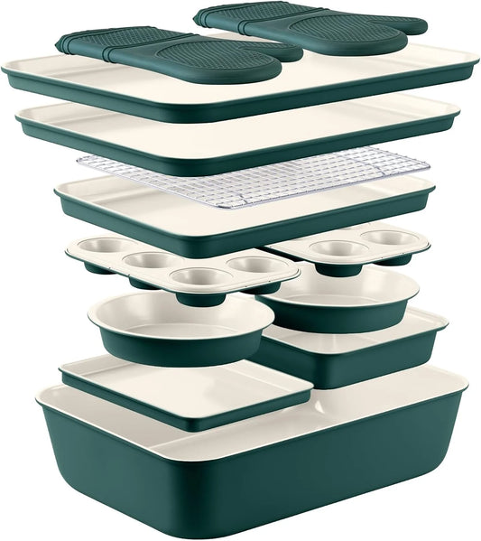 13-Piece Nonstick Cookware and Bakeware Set - Pots and Pans Collection with Stackable Design, Sage