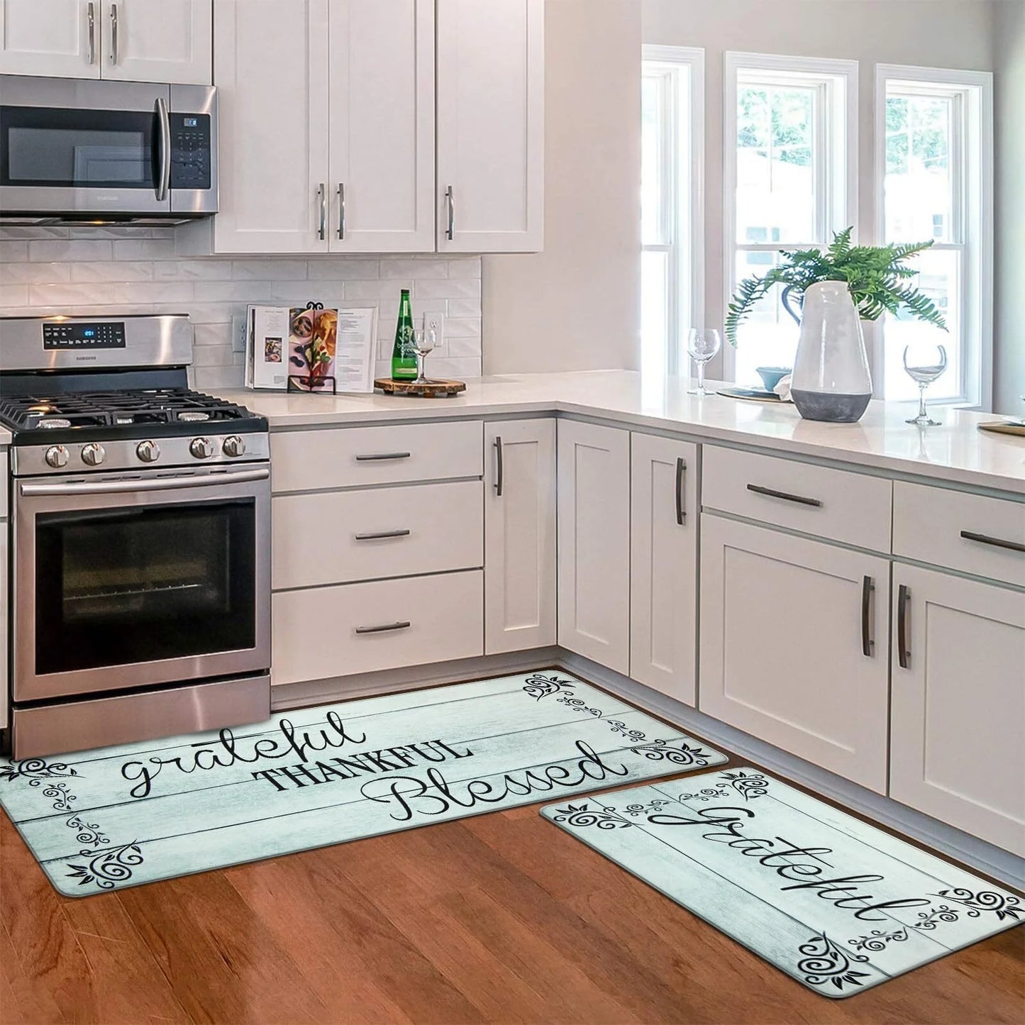 2-Piece Kitchen Rug Set, Non-Slip Anti-Fatigue Mats, Waterproof Ergonomic Comfort Cushioned Floor Runners, Blue, 18" x 30" and 18" x 47" for Home, Office, Sink, and Laundry