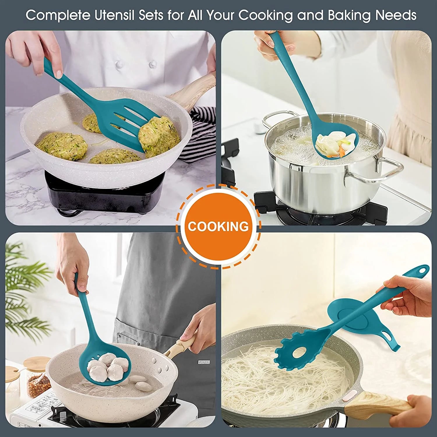 15-Piece Kitchen Utensils Set, Silicone Cooking Utensils with Holder, Non-Stick Cookware Friendly & Heat Resistant - Teal Blue