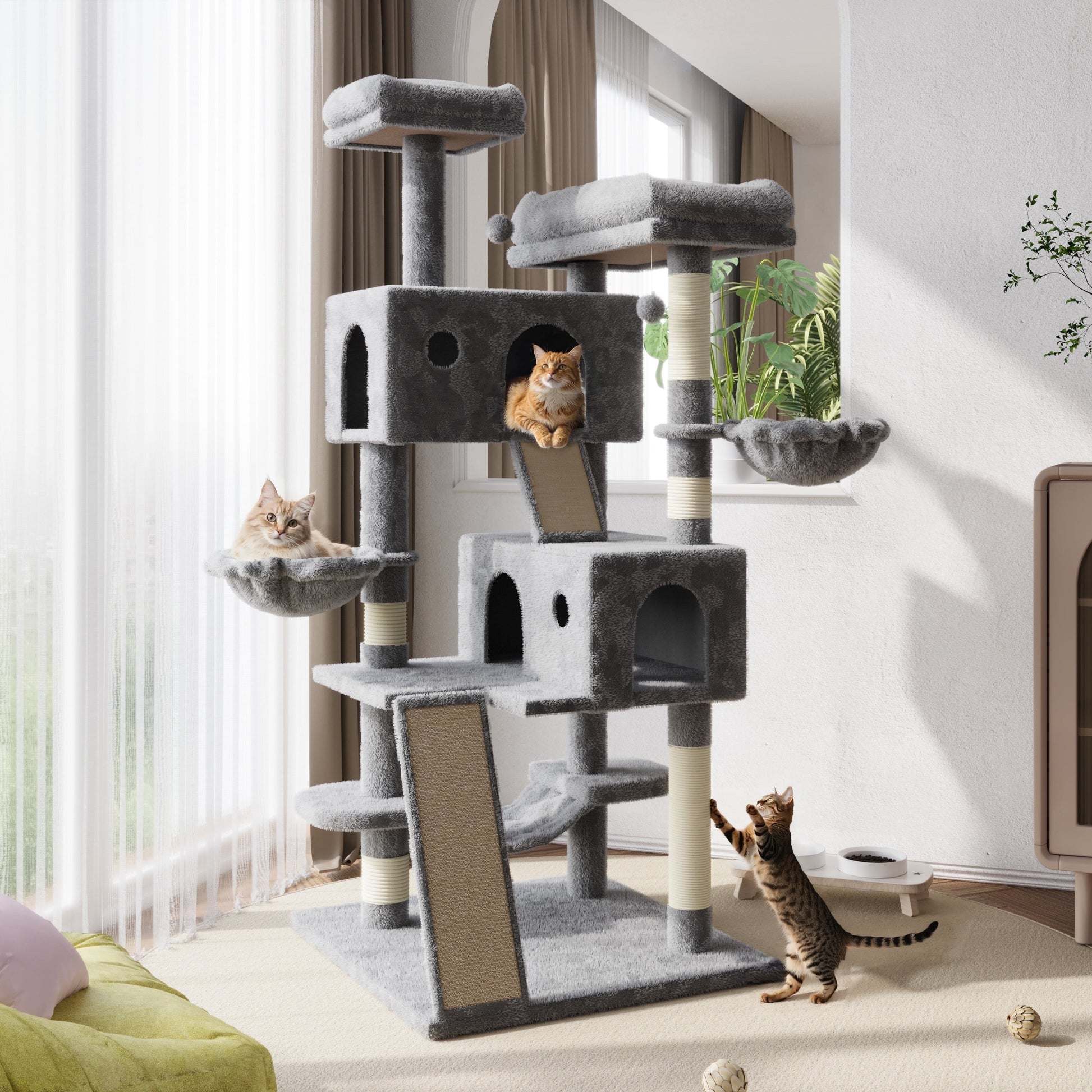 65.7" Large Cat Tree and Tower Condo for Indoor Cats with Dual Scratching Boards, Hammock, and Post in Gray