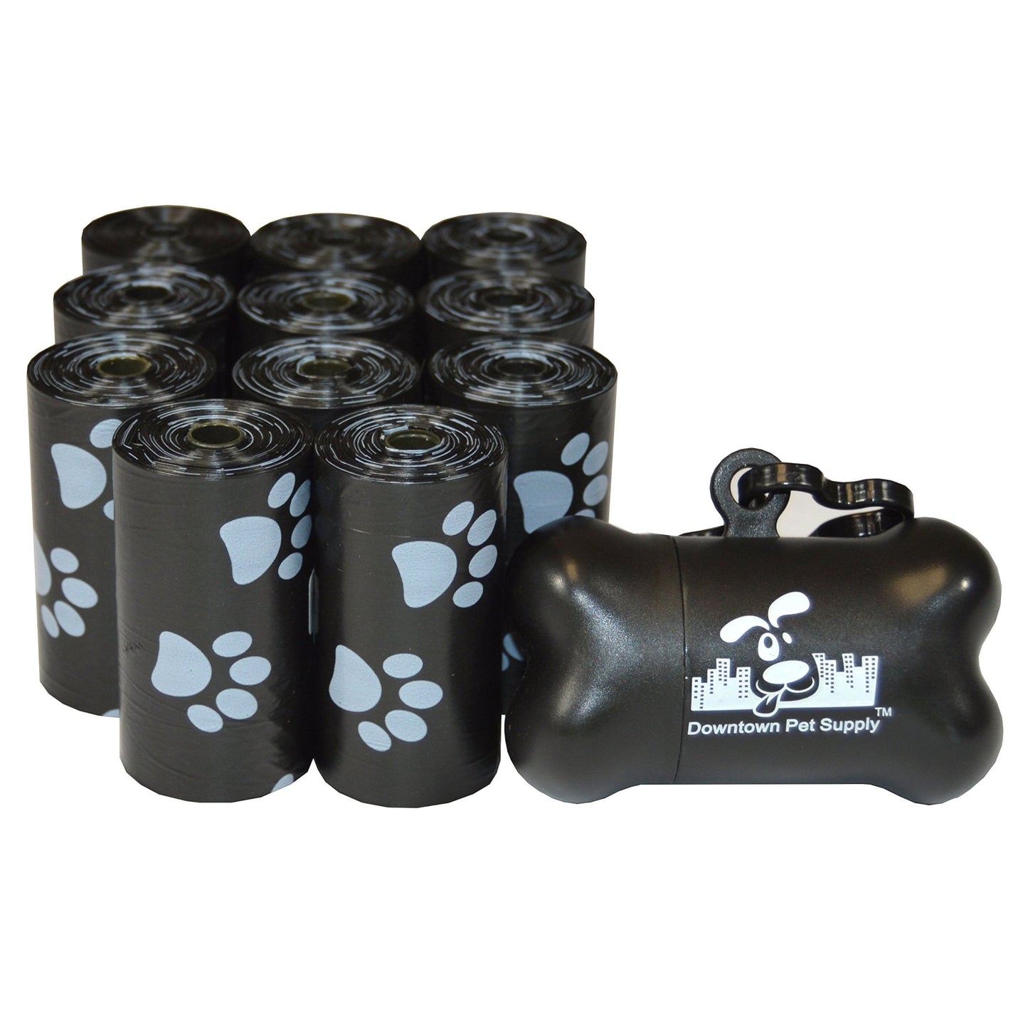 Dog Waste Bags with Complimentary Holder, Black Paw Print Design, 220 Count