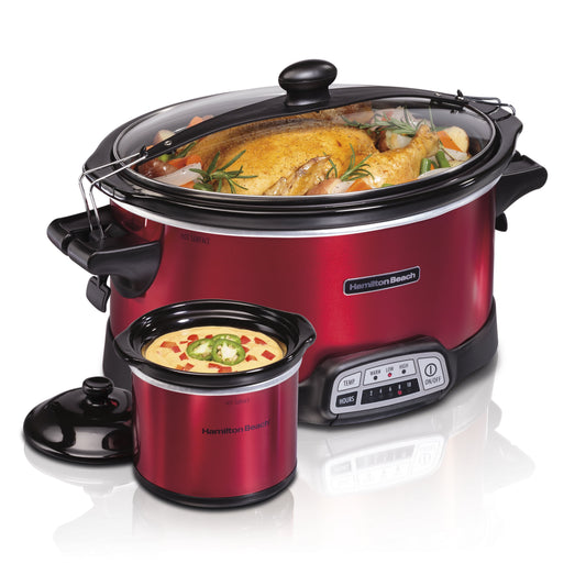 Stay or Go Programmable Slow Cooker with Party Dipper, 7 Quart Capacity, Removable Crock, Red, 33478