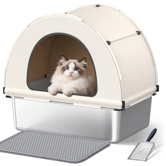 Stainless Steel Cat Litter Box 85L, Tent Cover&Telescopic Shovel,Extra Large Enclosed Cat Litter Box